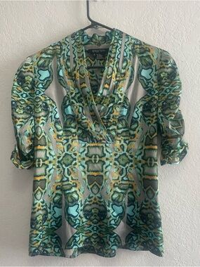 Etcetera Teal and Green Abstract Print V-Neck Blouse Silk Blend